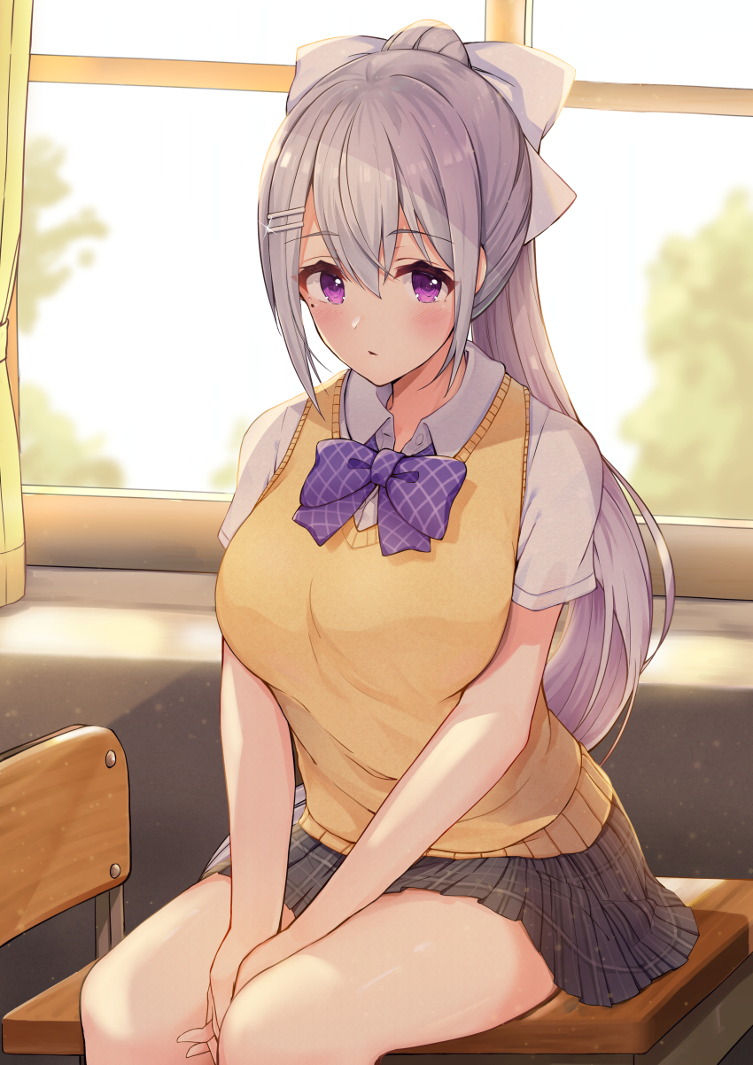 1girl, absurdres, between_legs, blurry, blurry_background, bow, breasts, chair