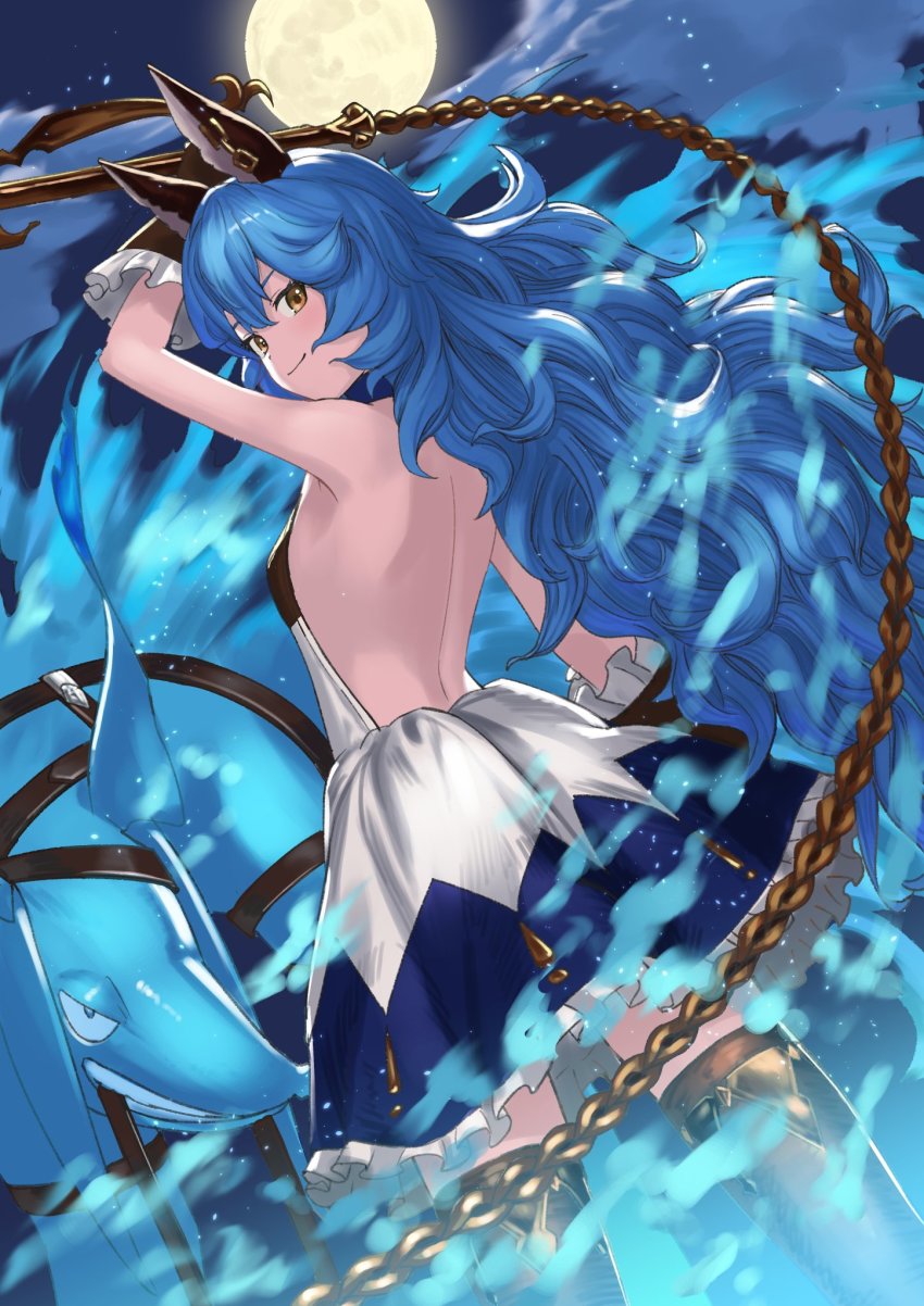 1girl, animal_ears, backless_outfit, bare_back, bare_shoulders, black_gloves, blue_hair, blue_skirt