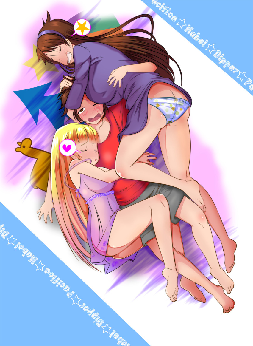 1boy, 2girls, absurdres, bare_legs, barefoot, blonde_hair, blush, breasts, brother_and_sister, brown_eyes, brown_hair, cuddling, dipper_pines, feet, girl_sandwich, gravity_falls, hand_on_another's_head, heart, highres, hug, incest, large_breasts, long_hair, mabel_pines, mikado_ryouma, multiple_girls, nightgown, one_eye_closed, open_mouth, pacifica_northwest, panties, sandwiched, siblings, sister, sleeping, soles, spoken_heart, spoken_star, star_(symbol), toes, underwear