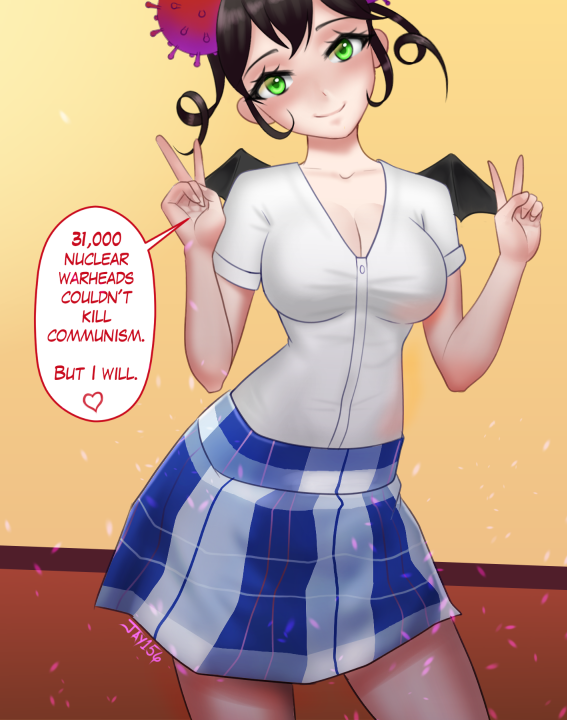 1girl, bat_wings, blush, breasts, corona-chan, coronavirus, coronavirus_hair_ornament, cowboy_shot, double_v, english_text, female_focus, green_eyes, head_tilt, jay156, lies, medium_breasts, miniskirt, original, personification, shirt, short_sleeves, skirt, smile, solo, speech_bubble, standing, tagme, v, white_shirt, wings