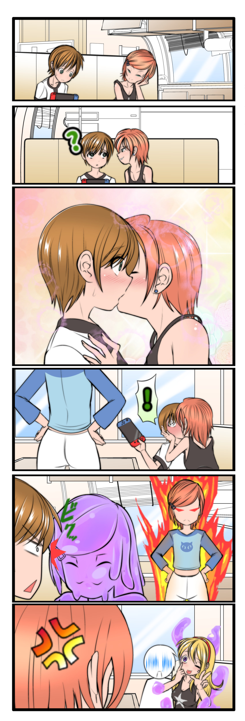 !, 1boy, 2girls, ?, absurdres, anger_vein, ass, bare_shoulders