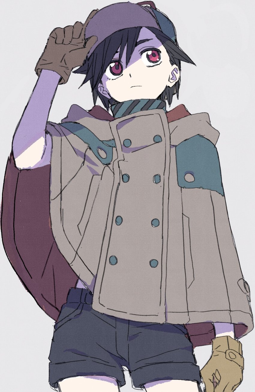 1girl, adjusting_clothes, adjusting_headwear, black_hair, cloak, commentary, detective, female_focus, gloves, grey_background, hat, highres, hijiriido_miyo, id_invaded, meitantei, red_eyes, short_hair, short_shorts, shorts, simple_background, solo, untranslatable_commentary, wa_ikun