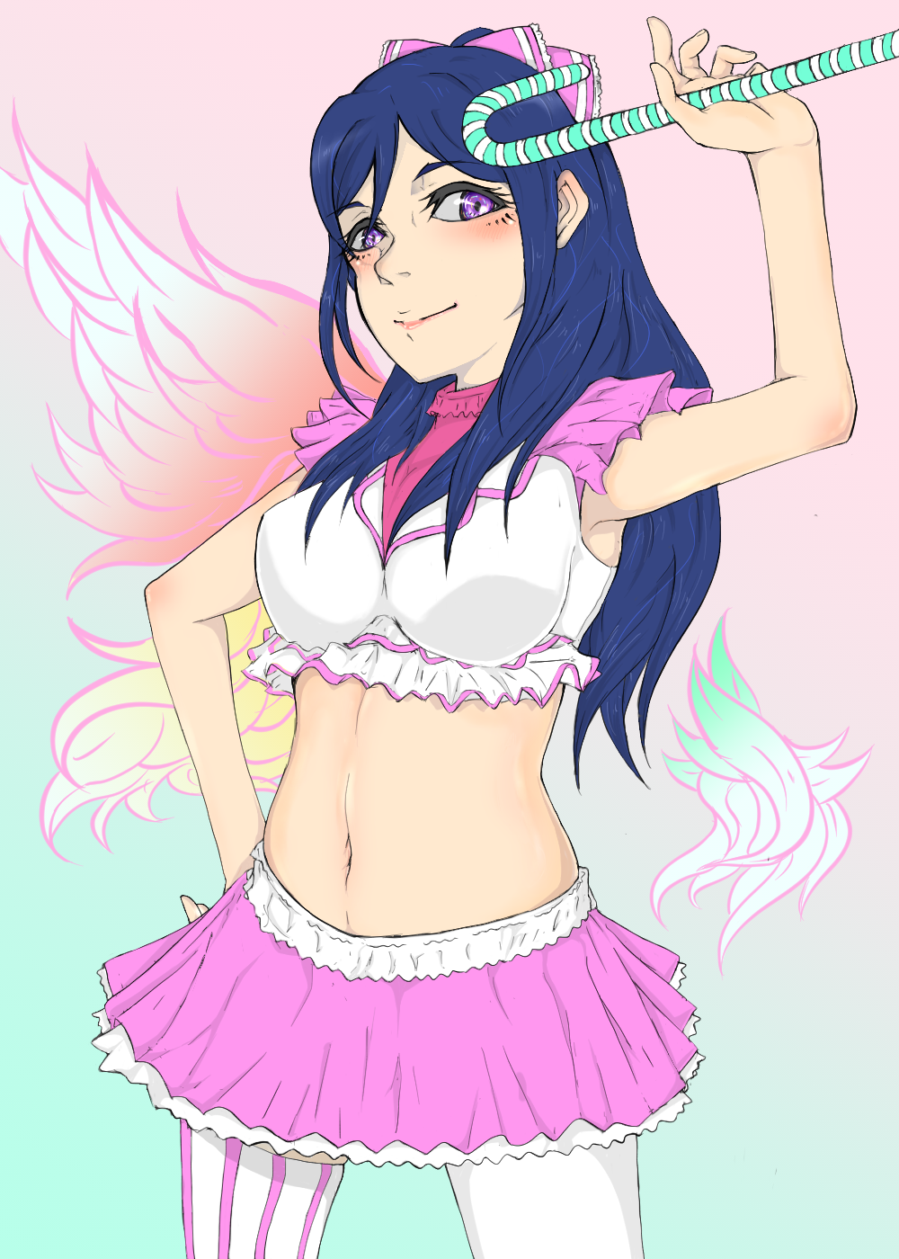 1girl, artist_name, artist_request, bare_shoulders, blue_hair, blush, breasts, candy