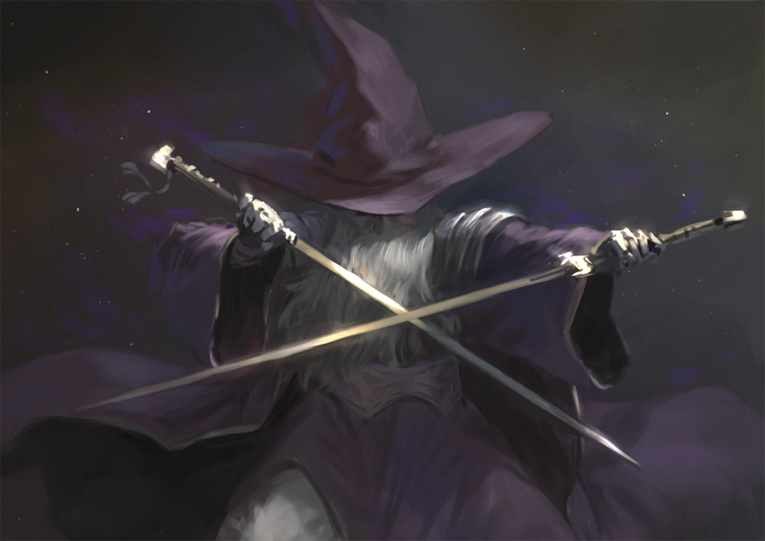 1boy, aletheia_(granblue_fantasy), beard, cloak, dual_wielding, facial_hair, fighting_stance, gloves