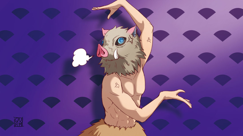 1boy, abs, anger_vein, blue_eyes, boar_mask, easy_breezy, eizouken_ni_wa_te_wo_dasu_na!, enpitsu_(pixiv631743)