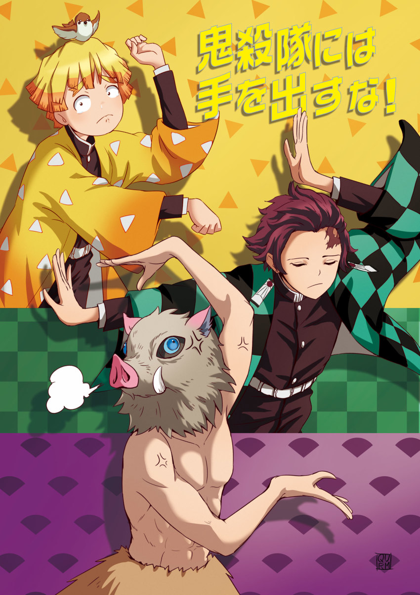 3boys, absurdres, agatsuma_zenitsu, anger_vein, animal, animal_on_head, bird, bird_on_head