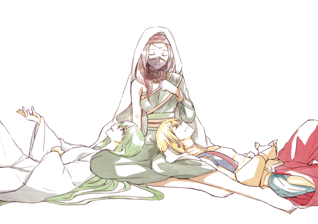 1boy, 1girl, 1other, androgynous, arabian_clothes, bare_pectorals, blonde_hair, brown_hair