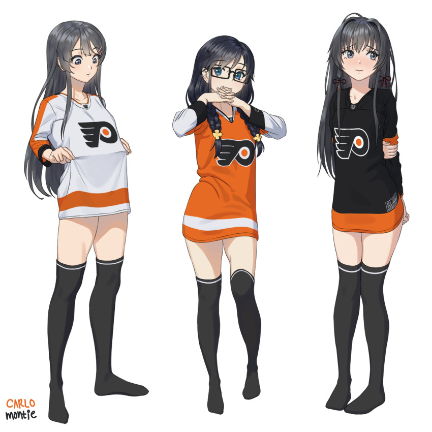3girls, alternate_costume, artist_name, black-framed_eyewear, black_hair, black_legwear, blue_eyes, blush, braid, carlo_montie, commission, crossover, glasses, hair_ornament, hair_ribbon, hairclip, hockey_sweater, hand_on_own_arm, long_hair, long_sleeves, multiple_crossover, multiple_girls, national_hockey_league, ore_wo_suki_nano_wa_omae_dake_ka_yo, philadelphia_flyers, ribbon, sakurajima_mai, sanshokuin_sumireko, seishun_buta_yarou, shirt_tug, simple_background, smile, thighhighs, trait_connection, twin_braids, white_background, yahari_ore_no_seishun_lovecome_wa_machigatteiru., yukinoshita_yukino, zettai_ryouiki