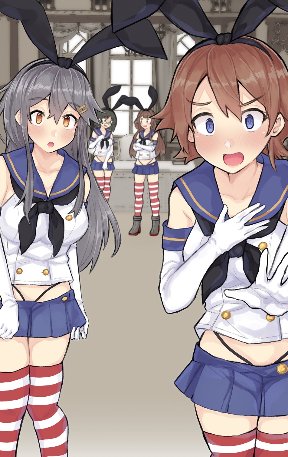 4girls, black_hair, black_neckwear, black_panties, blue_sailor_collar, blue_skirt, blush, breasts, brown_hair, cosplay, crossed_arms, dokuganryuu, elbow_gloves, glasses, gloves, grey_hair, hair_ornament, hairband, hairclip, haruna_(kancolle), hiei_(kancolle), highleg, highleg_panties, highres, kantai_collection, kirishima_(kancolle), kongou_(kancolle), long_hair, multiple_girls, open_mouth, panties, pleated_skirt, sailor_collar, shimakaze_(kancolle), shimakaze_(kancolle)_(cosplay), short_hair, skirt, sleeveless, standing, striped_clothes, striped_legwear, striped_thighhighs, thighhighs, underwear