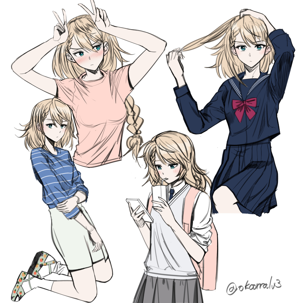 1girl, alternate_costume, alternate_hairstyle, animal_ears, bad_id, bad_pixiv_id, blonde_hair, blush