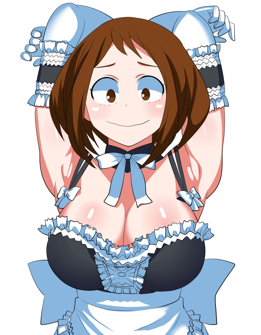 1girl, apron, boku_no_hero_academia, breasts, brown_hair, chelsea_cola_v, cleavage, elbow_gloves