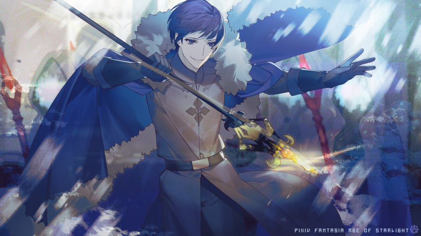 1boy, belt, black_gloves, blue_cape, blue_eyes, blue_hair, blurry, blurry_background, cape, copyright_name, fur_trim, gloves, highres, holding, holding_staff, looking_at_viewer, magic, male_focus, pixiv_fantasia, pixiv_fantasia_age_of_starlight, rezia, solo, staff, standing, sun_wizard_solar