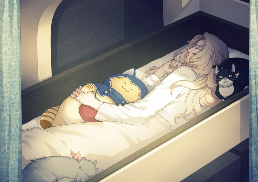 1boy, arianrod_(pixiv_fantasia_age_of_starlight), bed, cat, closed_eyes, indoors, jewelry, long_hair, lying, male_focus, on_side, pajamas, pixiv_fantasia, pixiv_fantasia_age_of_starlight, ring, shima108, sleeping, solo, stuffed_animal, stuffed_cat, stuffed_toy, white_pajamas, yellow_eyes