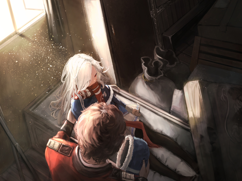 1boy, 1girl, black_pantyhose, blue_headwear, blue_jacket, box, commander_(girls'_frontline), from_above