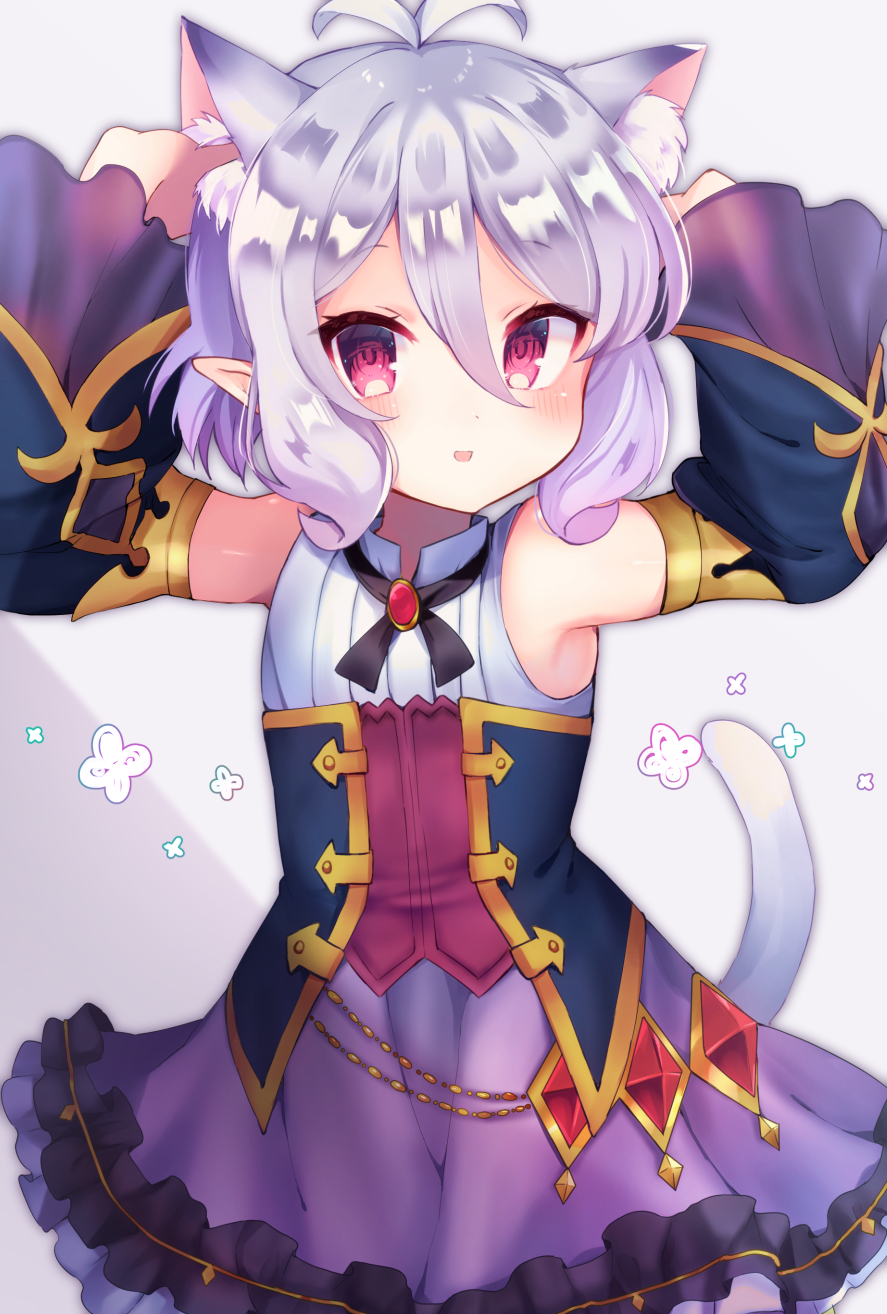 1girl, :d, animal_ear_fluff, animal_ears, antenna_hair, arms_up, bare_shoulders, black_sleeves, blush, cat_ears, cat_girl, cat_tail, commentary_request, cosplay, detached_sleeves, ebihara_beniko, female_focus, floral_background, grey_background, hair_between_eyes, hand_on_own_ear, highres, karyl_(princess_connect!), kemonomimi_mode, kokkoro_(princess_connect!), kyaru_(princess_connect)_(cosplay), long_sleeves, looking_at_viewer, open_mouth, pointy_ears, princess_connect!, purple_skirt, red_eyes, shirt, silver_hair, skirt, sleeveless, sleeveless_shirt, smile, solo, tail, two-tone_background, white_shirt, wide_sleeves