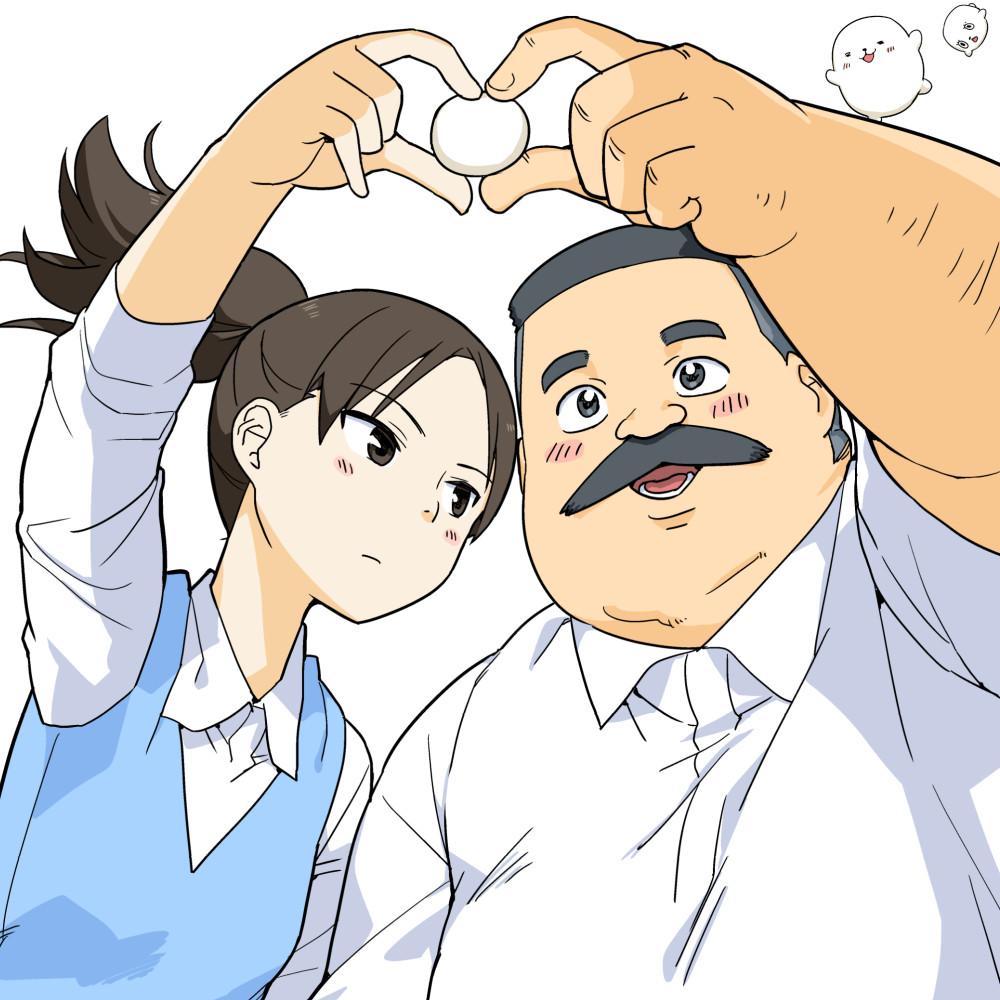 1boy, 1girl, black_eyes, black_hair, blue_vest, blush, brown_eyes, brown_hair