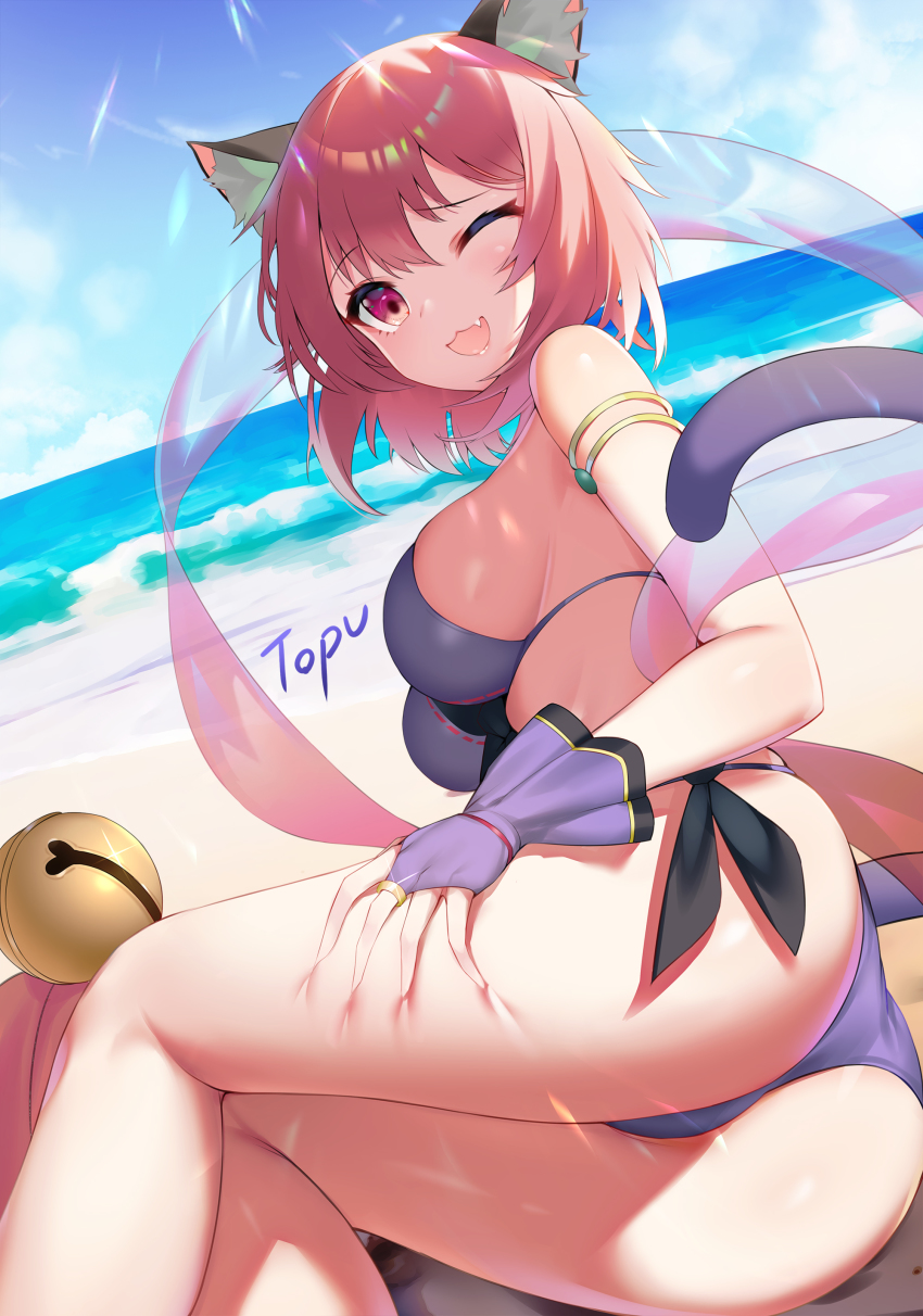 1girl, ;d, absurdres, animal_ear_fluff, animal_ears, armlet, ass, bare_shoulders, beach, bell, bikini, breasts, cat_ears, cat_girl, cat_tail, day, dutch_angle, fang, female_focus, front-tie_bikini_top, front-tie_top, hand_on_own_thigh, highres, jewelry, jingle_bell, large_breasts, looking_at_viewer, lying, ocean, on_side, one_eye_closed, open_mouth, outdoors, pink_eyes, pink_hair, princess_connect!, purple_bikini, reclining, shawl, short_hair, side-tie_bikini_bottom, sky, smile, solo, sunlight, swimsuit, tail, tamaki_(princess_connect!), tamaki_(summer)_(princess_connect!), thighs, topu, water