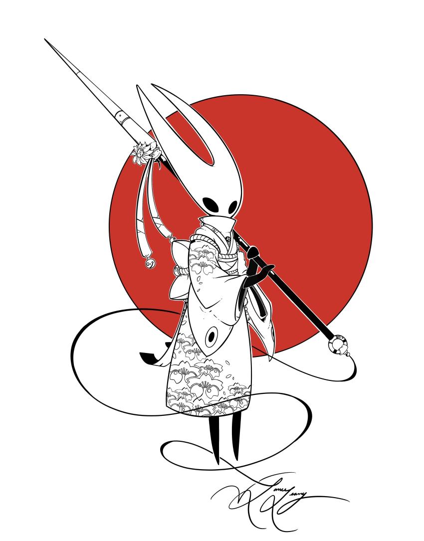 1girl, absurdres, bug, female_focus, flag, flag_background, flower, highres, hollow_eyes, hollow_knight, hornet_(hollow_knight), japanese_clothes, japanese_flag, kimono, lvl225, needle_(hollow_knight), polearm, signature, solo, spear, standing, weapon