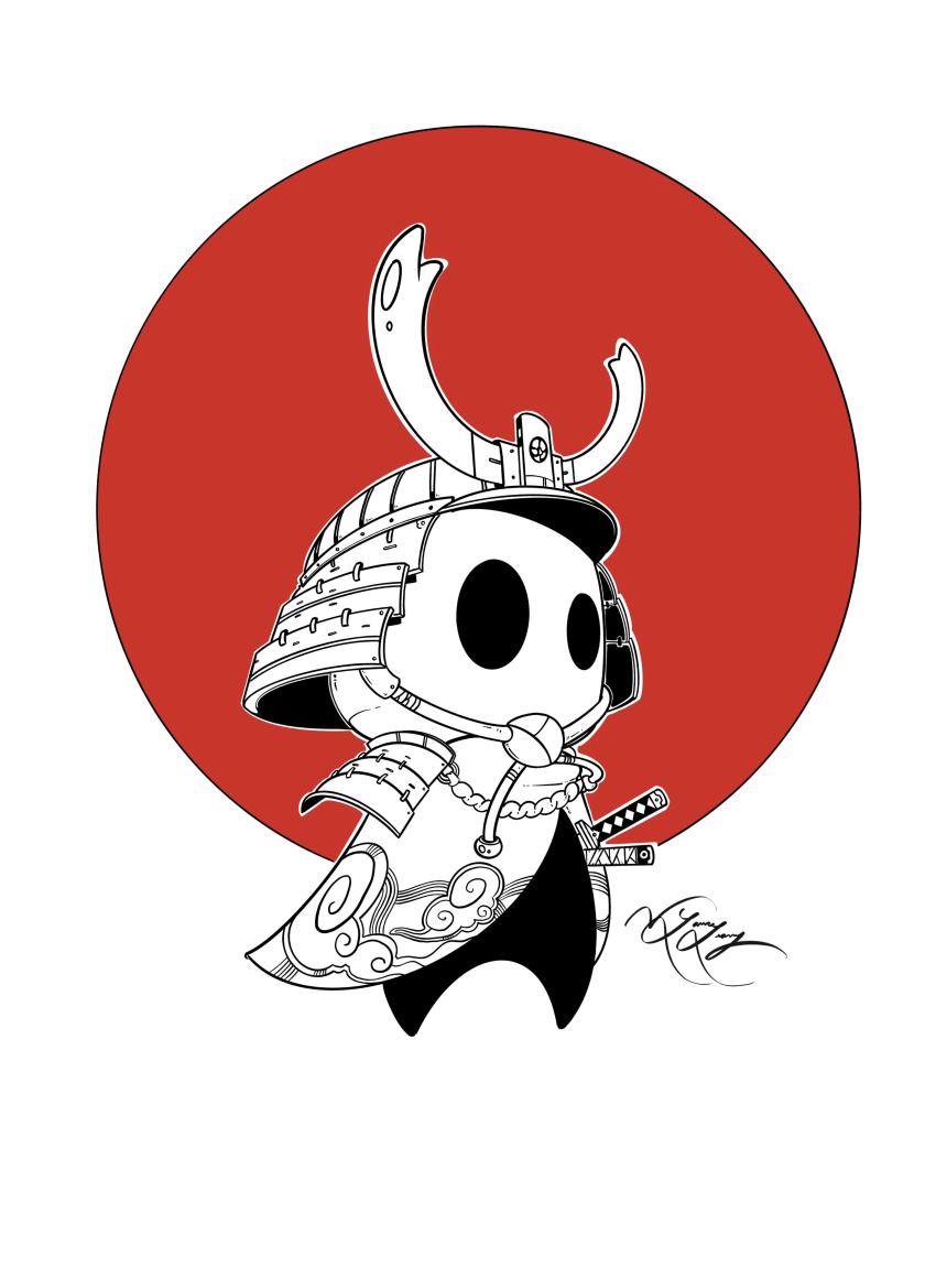 1other, absurdres, armor, bug, derivative_work, flag_background, helmet, highres, hollow_eyes, hollow_knight, japanese_armor, japanese_flag, kabuto_(helmet), katana, knight_(hollow_knight), lvl225, samurai, signature, solo, standing, sword, weapon