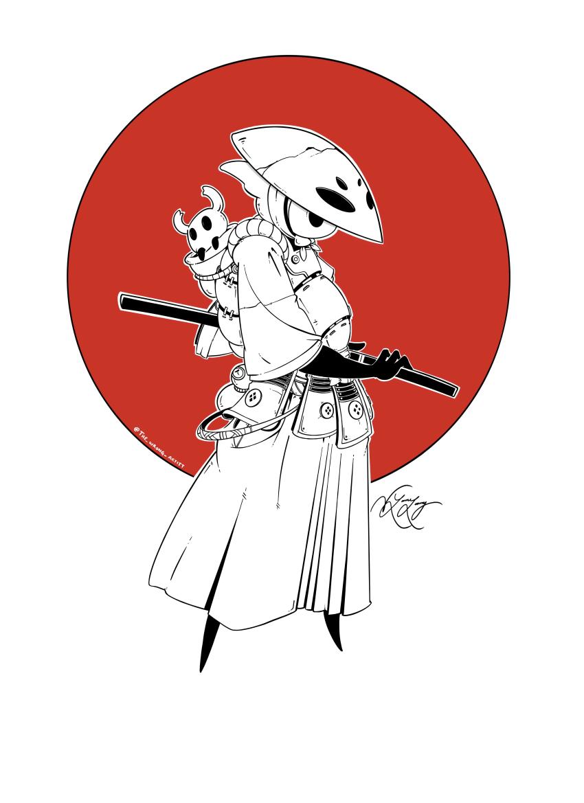 1boy, 1other, absurdres, armor, artist_name, bug, flag_background, highres, hollow_eyes, hollow_knight, japanese_armor, japanese_flag, katana, knight_(hollow_knight), lvl225, mask, quirrel, samurai, signature, solo, standing, stuffed_toy, sword, weapon