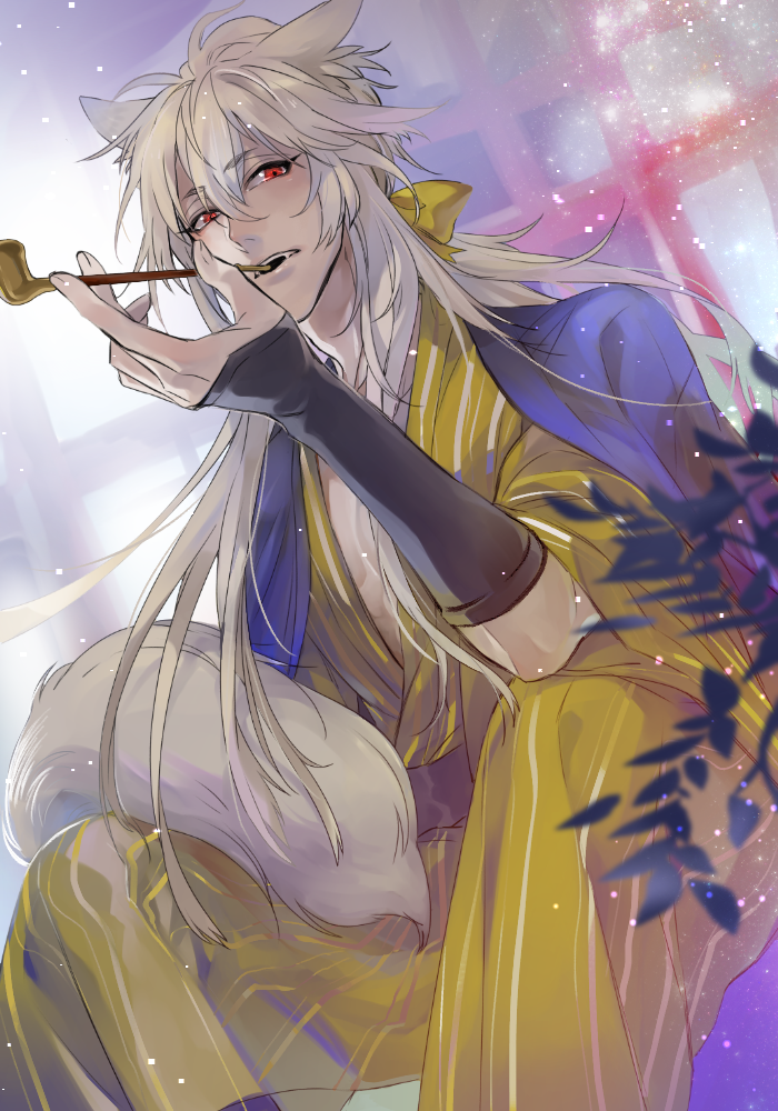 1boy, animal_ears, bishounen, dutch_angle, fangs, fox_ears, fox_tail, hair_flaps, haori, japanese_clothes, japanese_house, kimono, kiseru, kogitsunemaru, long_hair, looking_at_viewer, male_focus, nine-year, red_eyes, sitting, smoking_pipe, solo, tail, touken_ranbu, white_hair