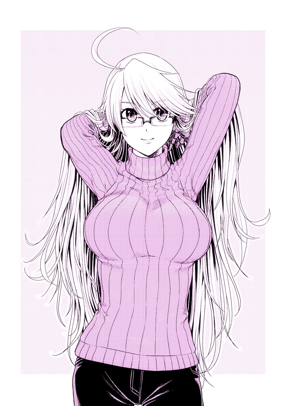 1girl, ahoge, alma_armas, an'no_natsume, artist_request, breasts, commentary_request, denim, female_focus, glasses, highres, jeans, large_breasts, long_hair, pants, prosthesis, prosthetic_hand, purple_sweater, solo, sweater, va-11_hall-a