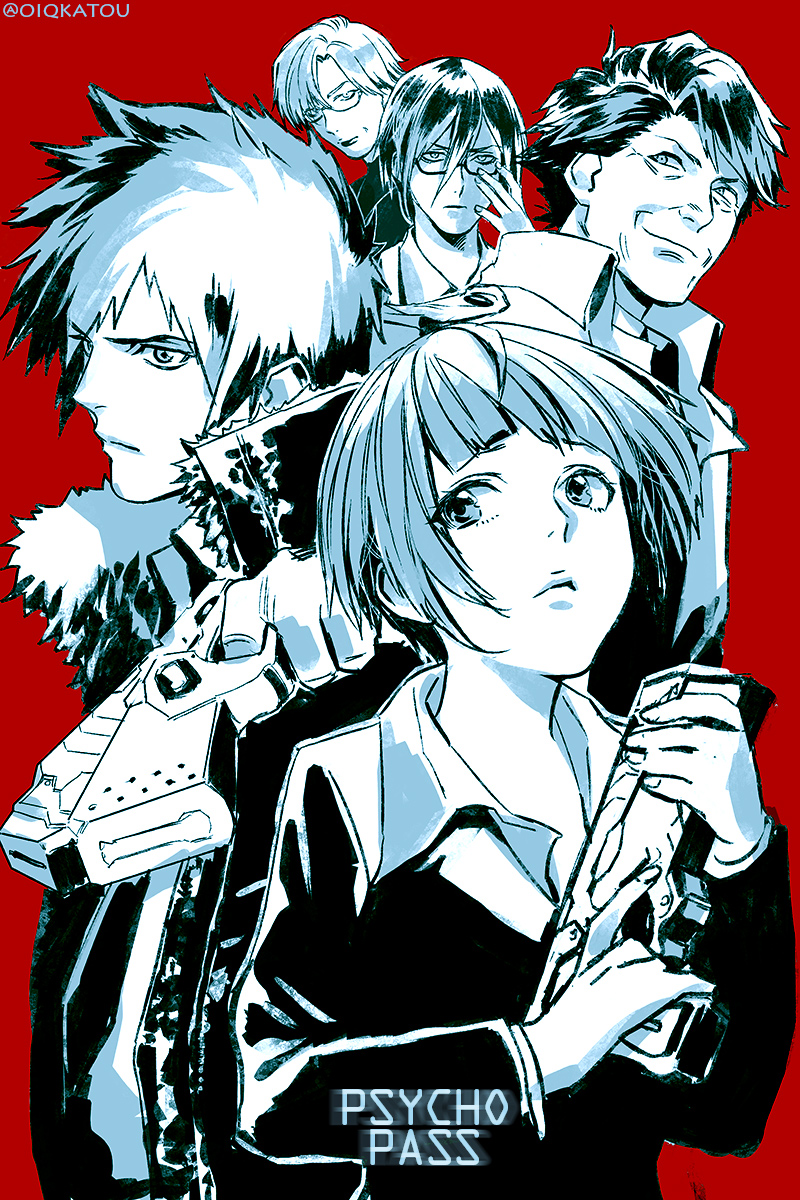 2girls, 3boys, blunt_bangs, dominator_(gun), fur-trimmed_jacket, fur_trim, gangsta_hold, ginoza_nobuchika, glasses, gun, highres, holding, holding_gun, holding_weapon, jacket, kasei_joushuu, katou_teppei, kougami_shin'ya, masaoka_tomomi, monochrome, multiple_boys, multiple_girls, old, old_woman, psycho-pass, short_hair, trigger_discipline, tsunemori_akane, weapon