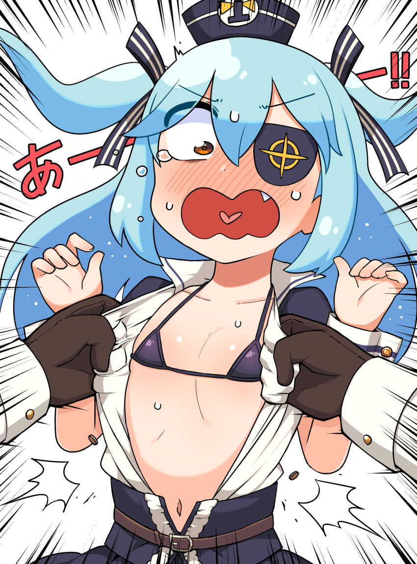 1girl, absurdres, assisted_exposure, bikini, bikini_under_clothes, black_bikini, black_bow, black_headwear, black_skirt, blue_hair, blush, bow, brown_eyes, brown_gloves, collarbone, commander_(last_origin), commentary_request, emphasis_lines, eyepatch, fang, gloves, hair_between_eyes, hair_bow, hands_up, hat, highres, korean_commentary, lakilolom, last_origin, long_hair, long_sleeves, lrl_(last_origin), micro_bikini, mini_hat, navel, nose_blush, shirt, short_sleeves, skirt, solo_focus, striped_bow, surprised, sweat, swimsuit, two_side_up, very_long_hair, white_background, white_shirt, wrist_cuffs