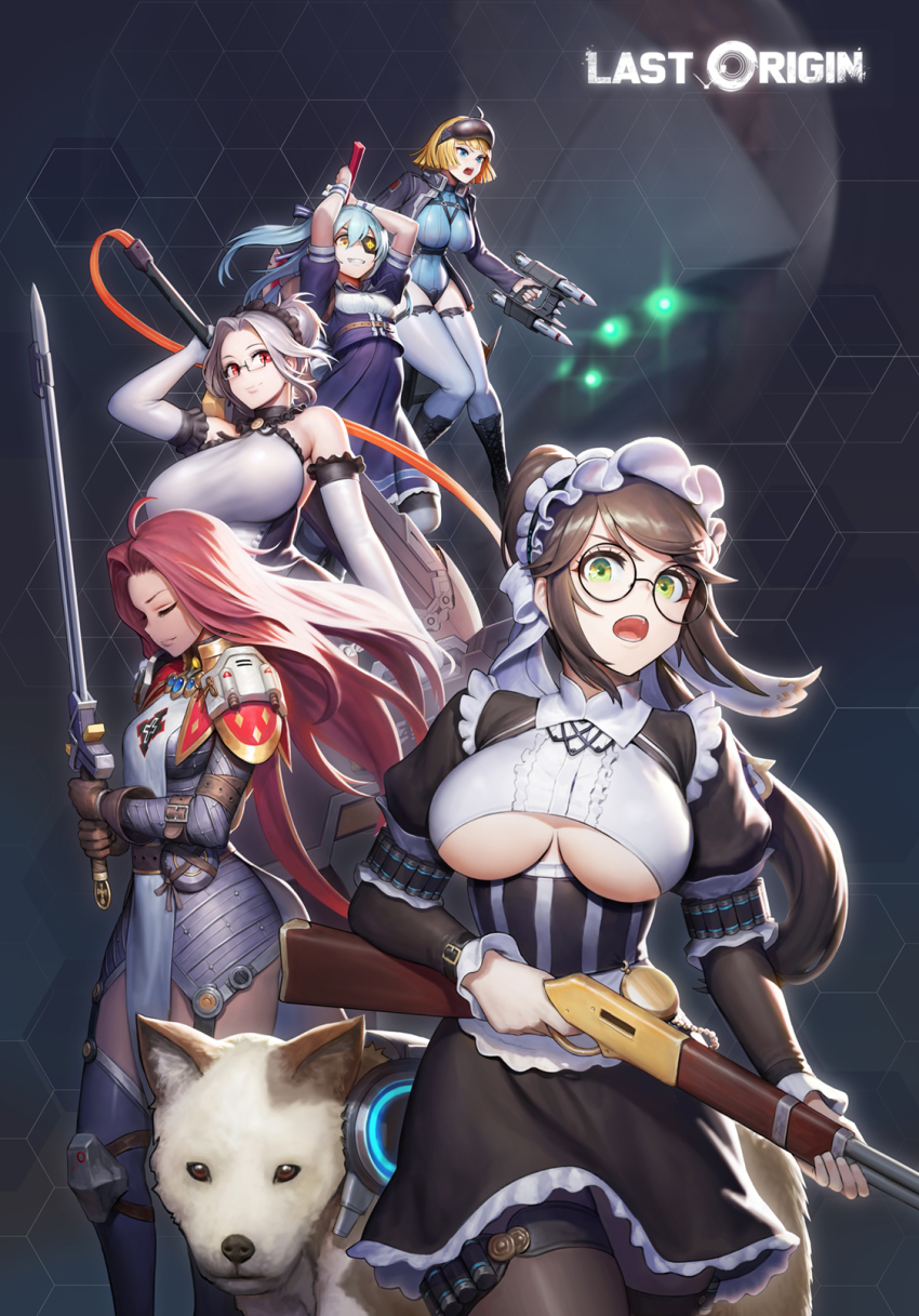 5girls, ahoge, armor, arms_up, bad_id, bad_pixiv_id, black-framed_eyewear, black_legwear