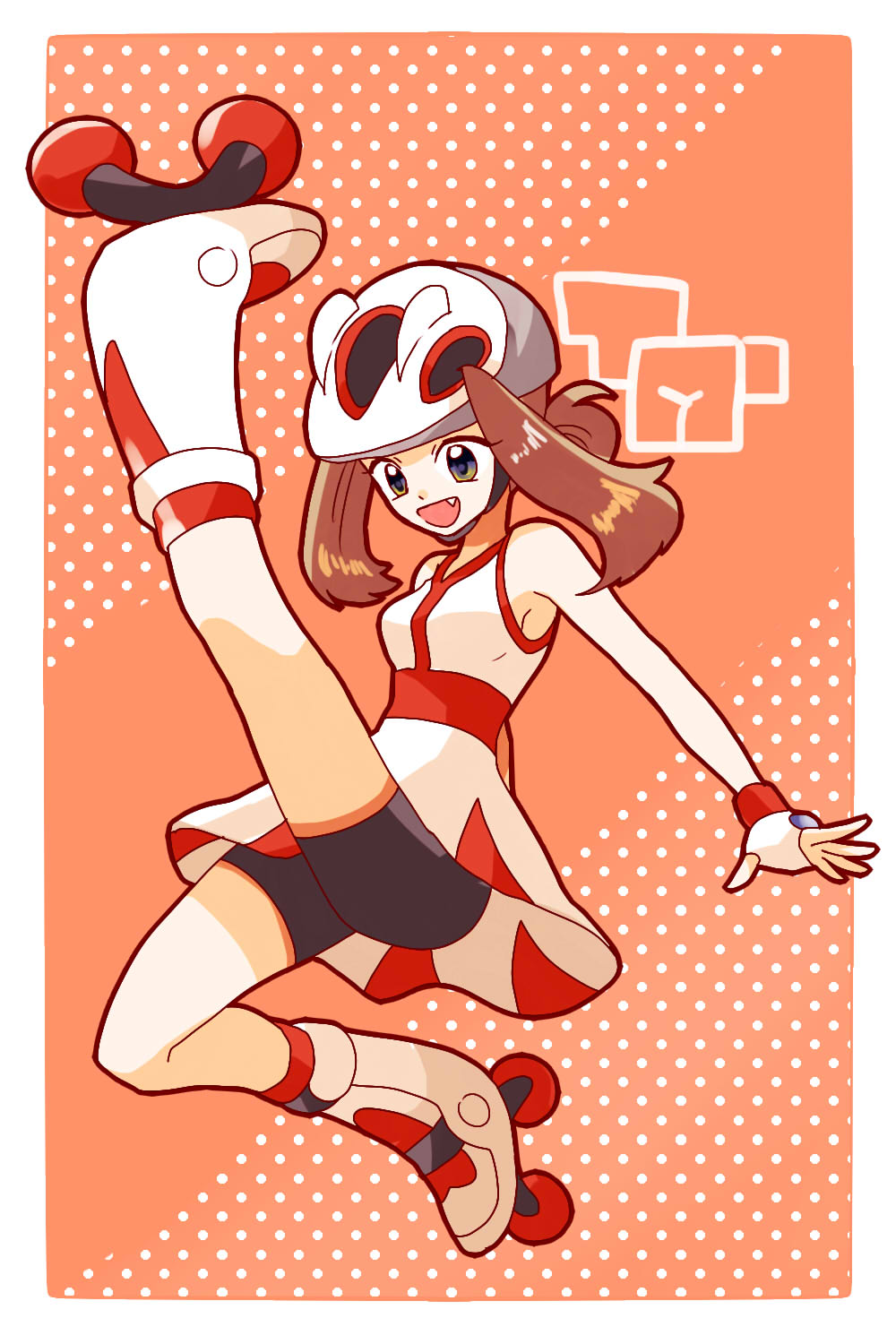 1girl, badge, bicycle_helmet, black_eyes, black_shorts, breasts, brown_background, brown_hair