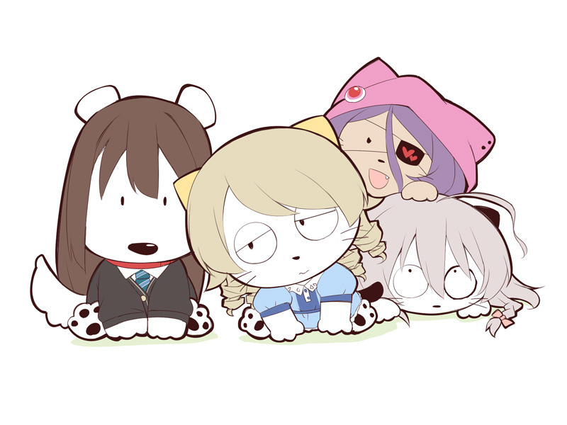 4girls, :d, animal, animal_ears, animal_hat, animalization, bad_id, bad_pixiv_id