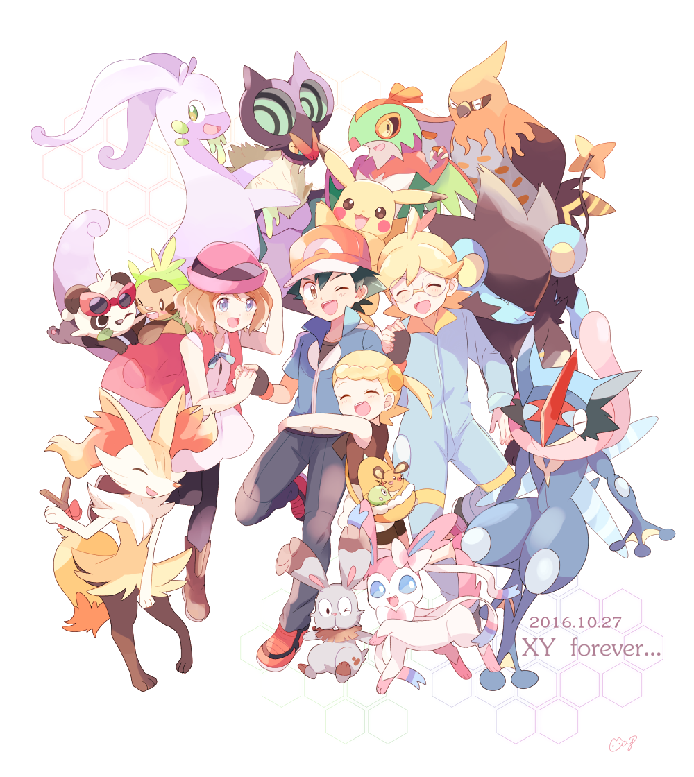 2boys, 2girls, ^_^, animal_nose, ash-greninja, ash_ketchum, bad_id, bad_pixiv_id