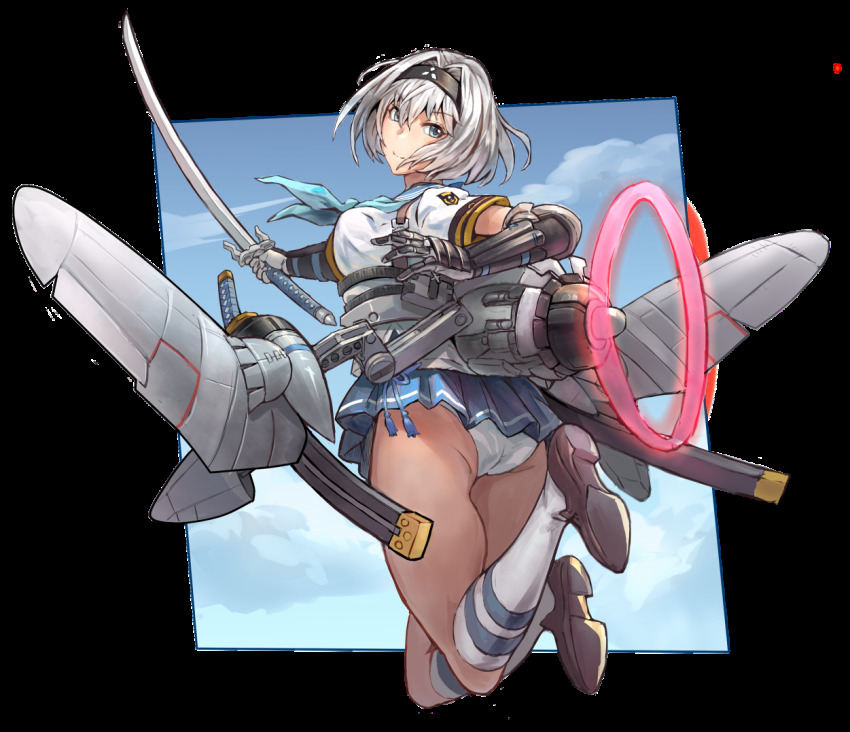 1girl, a6m_zero_(ash_arms), aircraft, airplane, aqua_neckerchief, ash_arms, ass, bad_id