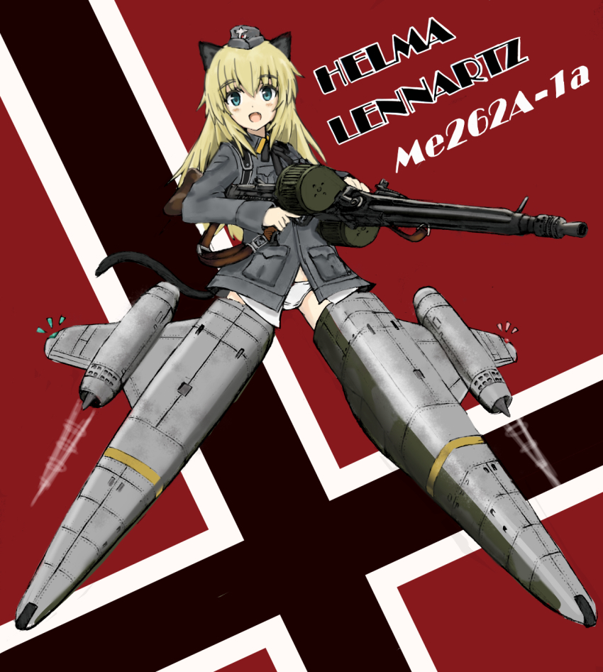 1girl, animal_ears, black_ribbon, blonde_hair, blue_eyes, cat_ears, cat_tail, character_name, commentary, crotch_seam, double-drum_magazine, drum_magazine, dual_drum_magazine, female_focus, flying, garrison_cap, grey_hat, grey_jacket, gun, hat, helma_lennartz, high-capacity_magazine, highres, holding, holding_gun, holding_weapon, imperial_german_flag, jacket, long_hair, long_sleeves, looking_at_viewer, machine_gun, magazine_(weapon), mg42, military, military_hat, military_uniform, motion_blur, neck_ribbon, no_pants, open_mouth, panties, ribbon, saddle-drum, smile, solo, strike_witches:_suomus_misfits_squadron, striker_unit, tail, turkeysand_(fernandear_504), underwear, weapon, white_panties, world_witches_series