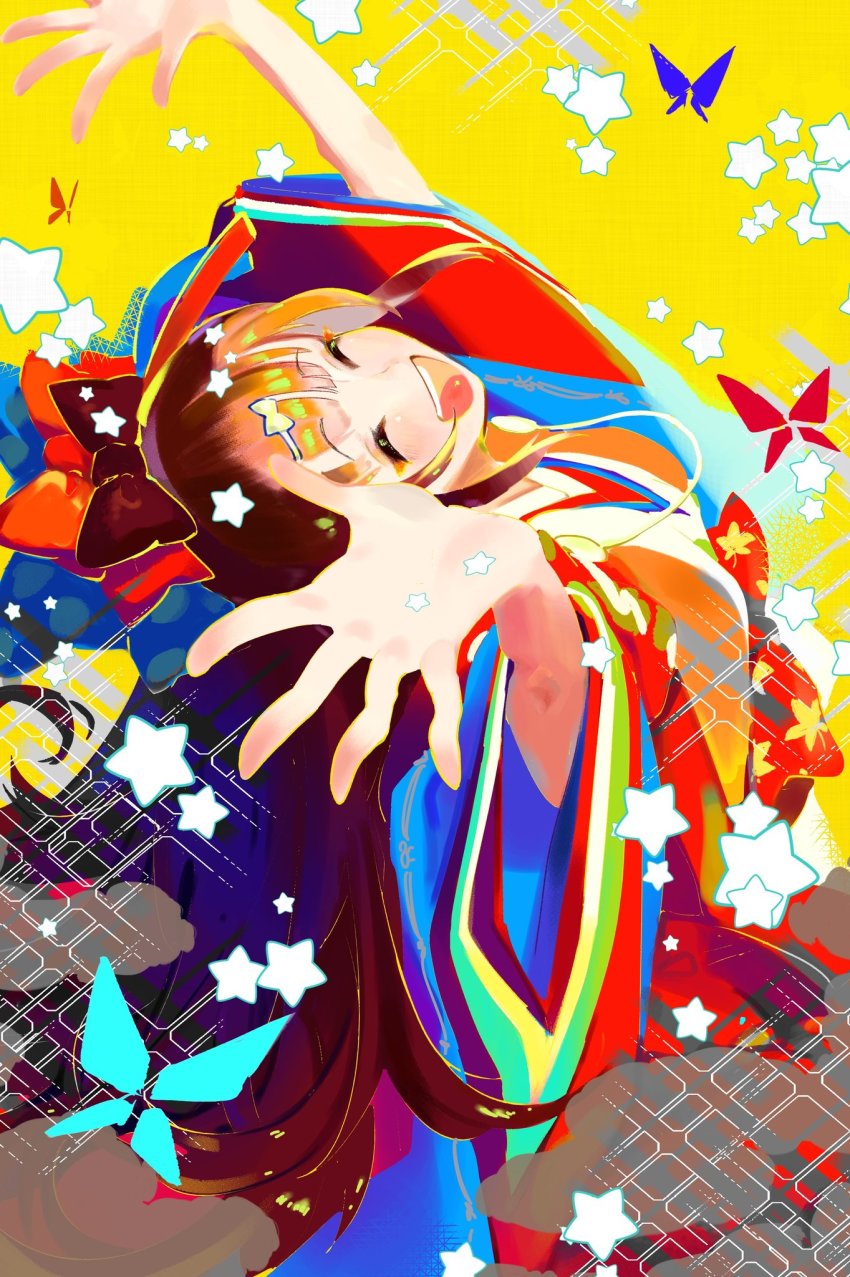 1girl, arms_up, bow, bug, butterfly, closed_eyes, fate/grand_order, fate_(series)