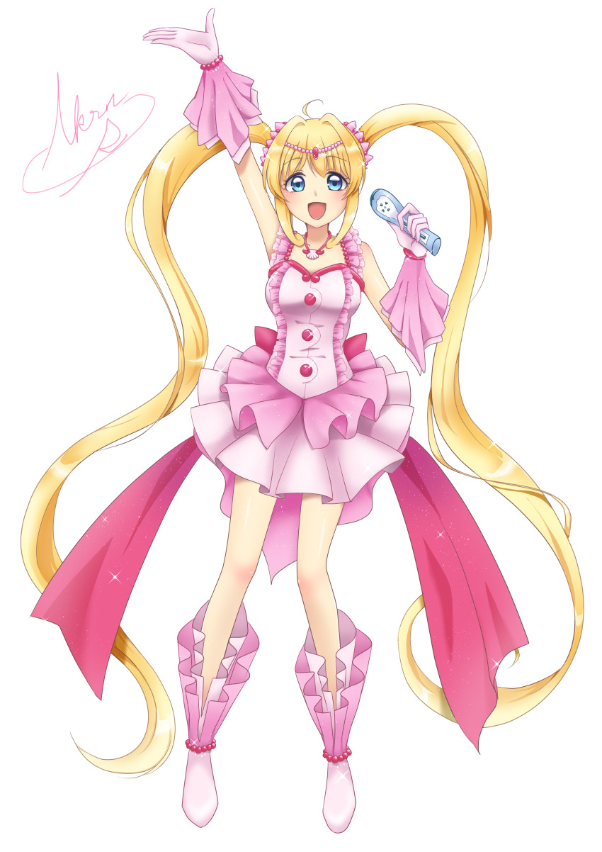 1girl, absurdres, ahoge, arm_up, beautiful_witch_sakuran, blonde_hair, blue_eyes, boots