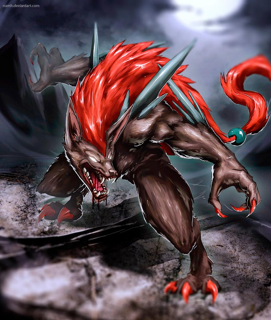 blank_eyes, claws, commentary_request, commission, deviantart_username, fangs, full_body, full_moon, furry, gen_5_pokemon, long_hair, moon, mountain, muscular, namh, night, nintendo, pokemon, pokemon_(creature), red_hair, sky, solo, very_long_hair, watermark, web_address, zoroark