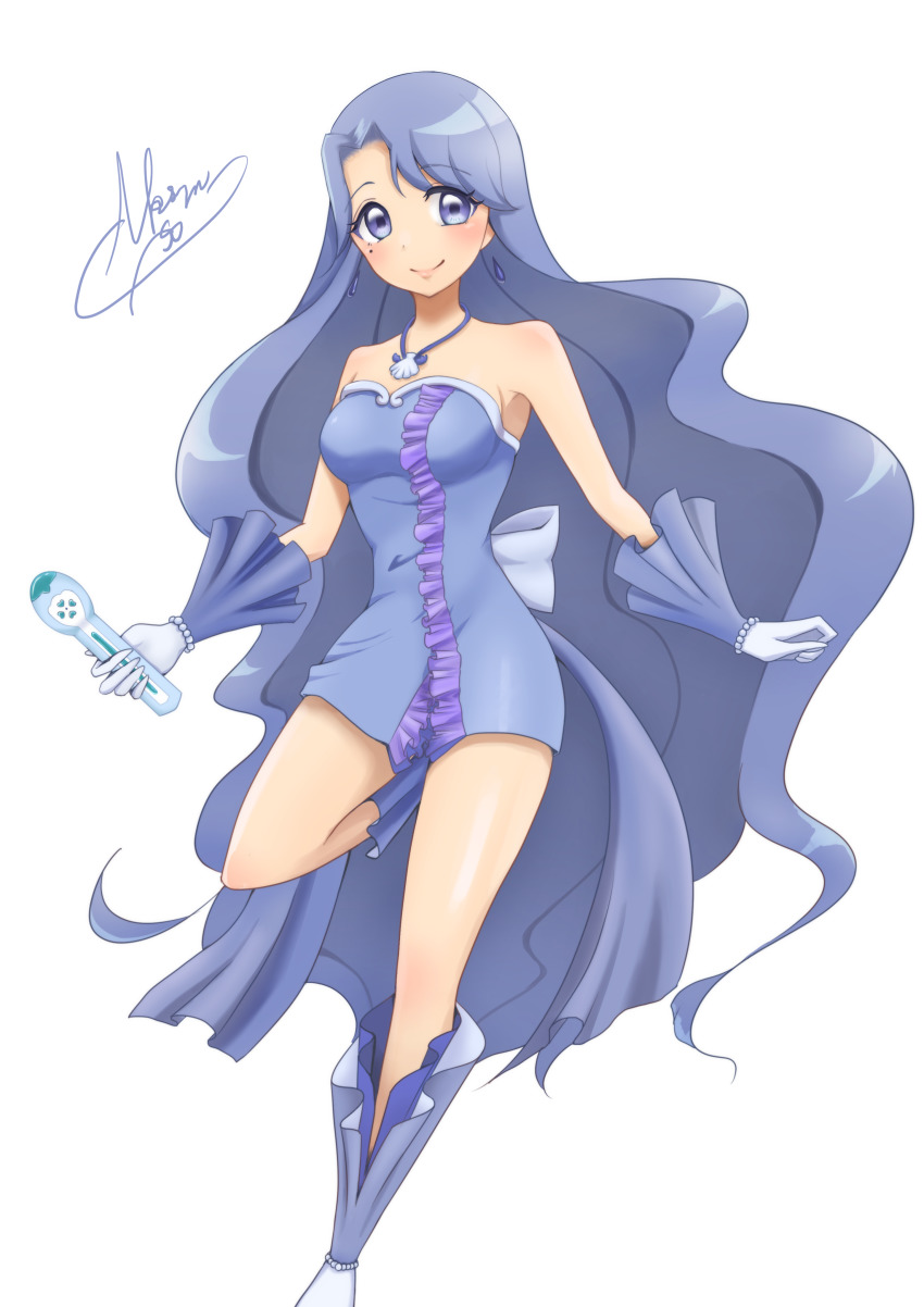 1girl, absurdres, bare_shoulders, beautiful_witch_sakuran, blue_dress, blue_eyes, blue_footwear, blue_gloves
