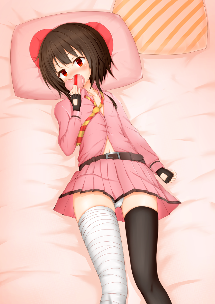 1girl, alternate_costume, bandaged_leg, bandages, belt, black_belt, black_hair, black_thighhighs