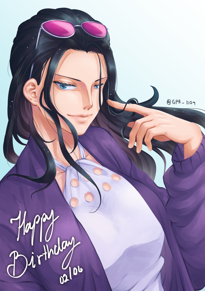 1girl, absurdres, birthday, black_hair, blue_eyes, cardigan, closed_mouth, collarbone, dated, eyewear_on_head, female_focus, floating_hair, hair_slicked_back, halterneck, hand_up, happy_birthday, highres, index_finger_raised, lips, long_hair, long_sleeves, looking_at_viewer, nico_robin, nose, one_piece, one_piece:_stampede, open_cardigan, open_clothes, purple_cardigan, ruang, sidelocks, smile, solo, sunglasses, twirling_hair, twitter_username, upper_body
