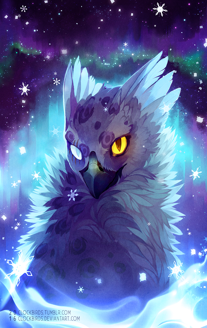 2016, aurora, clockbirds, commentary, commission, creature, deviantart_username, english_commentary, eyrie, neopets, night, no_humans, scar, scar_across_eye, scar_on_face, sky, slit_pupils, snowflakes, solo, star_(sky), starry_sky, tumblr_username, upper_body, watermark, web_address, yellow_eyes