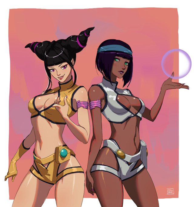 2girls, armlet, back-to-back, belt_pouch, black_hair, blunt_bangs, breasts, cleavage, cleavage_cutout, clothing_cutout, commission, commissioner_upload, cosplay, crop_top, crystal_ball, dark-skinned_female, dark_skin, dirty_pair, doubled67, gloves, green_eyes, han_juri, headband, hip_vent, jewelry, kei_(dirty_pair), kei_(dirty_pair)_(cosplay), lips, medium_breasts, menat, midriff, multiple_girls, navel, orb, pouch, purple_eyes, purple_hair, second-party_source, short_shorts, short_twintails, shorts, single_glove, sleeveless, sleeveless_turtleneck, street_fighter, street_fighter_v, turtleneck, twintails, yuri_(dirty_pair), yuri_(dirty_pair)_(cosplay)
