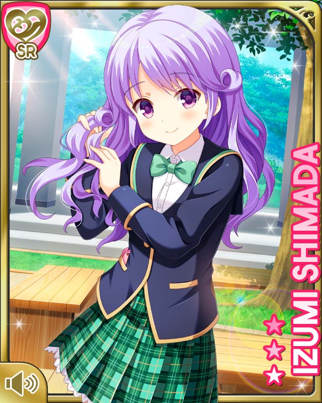 1girl, bench, blue_jacket, bow, character_name, closed_mouth, female_focus, flower, girlfriend_(kari), green_bow, hair_flower, hair_ornament, handkerchief, holding, holding_own_hair, jacket, looking_at_viewer, official_art, outdoors, park, plaid_clothes, plaid_skirt, purple_eyes, purple_hair, qp:flapper, ribbon, school_uniform, shimada_izumi, skirt, solo, table, tagme, tree, unbraided, wooden_table