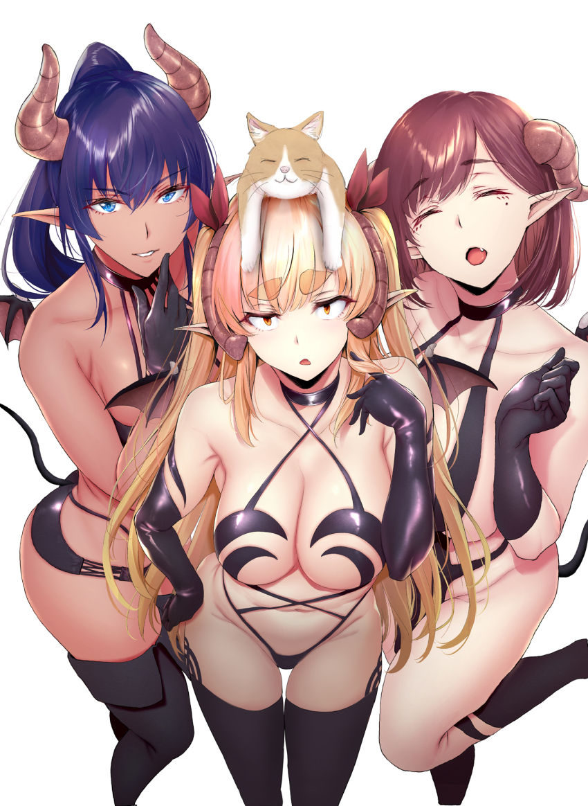 3girls, animal, animal_on_head, armpit_crease, bare_shoulders, black_gloves, black_legwear, black_shorts