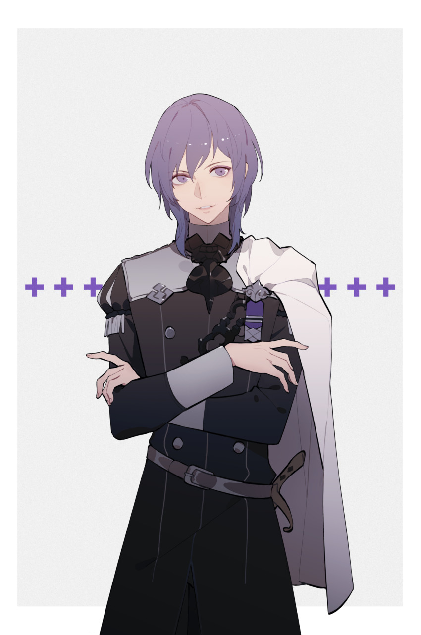 1boy, amenohi, belt, cape, crossed_arms, fire_emblem, fire_emblem:_three_houses, garreg_mach_monastery_uniform