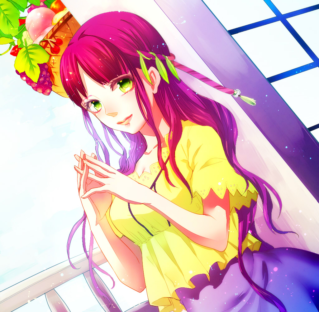 1girl, basket, blue_skirt, breasts, cleavage, dutch_angle, food, fruit