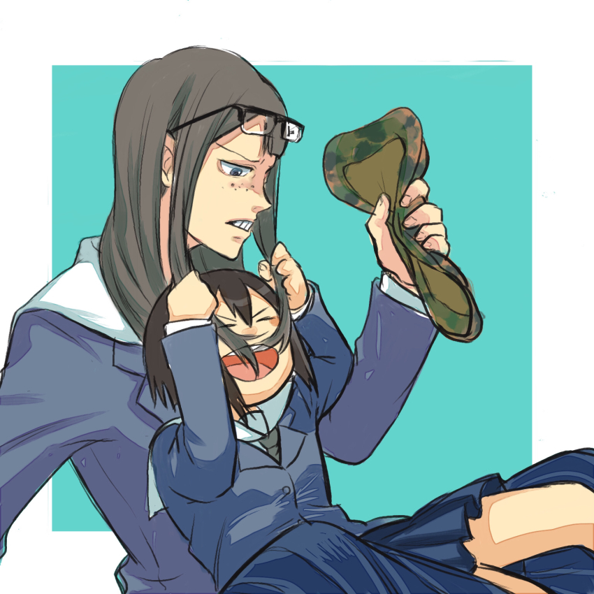 2girls, asakusa_midori, black-framed_eyewear, black_hair, black_neckwear, blazer, blue_eyes, closed_eyes, eizouken_ni_wa_te_wo_dasu_na!, eyewear_on_head, freckles, hat, highres, holding, holding_unworn_clothes, holding_unworn_hat, jacket, kanamori_sayaka, kasasagi_mareki, long_hair, multiple_girls, necktie, open_mouth, parted_lips, school_uniform, short_hair, simple_background, sitting, sketch, skirt, smile, unworn_hat, unworn_headwear