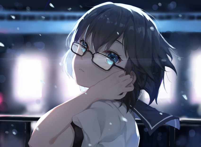 1girl, arm_up, backlighting, black-framed_eyewear, black_hair, blue_eyes, blue_sailor_collar, blurry