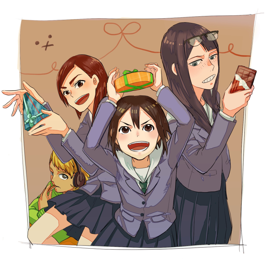 4girls, arms_up, asakusa_midori, black_hair, black_skirt, blonde_hair, brown_hair, chocolate, doumeki_parker, eating, eizouken_ni_wa_te_wo_dasu_na!, eyewear_on_head, freckles, gift, headphones, highres, kanamori_sayaka, kasasagi_mareki, long_sleeves, mizusaki_tsubame, multiple_girls, parted_bangs, school_uniform, short_hair, skirt, smile, standing, tan, valentine