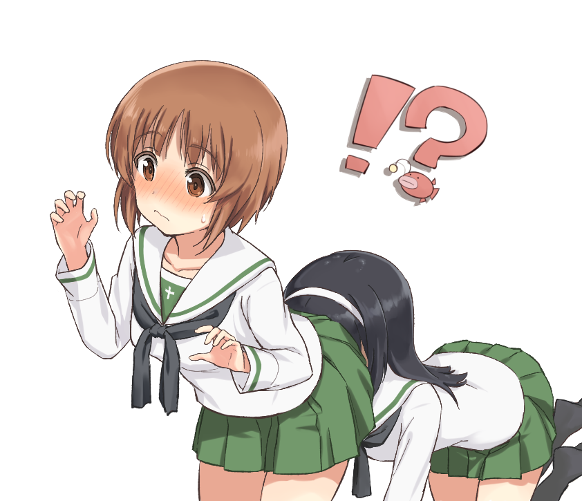 !?, 2girls, anglerfish, black_hair, black_neckerchief, black_socks, blouse, blush, brown_eyes, brown_hair, closed_mouth, emblem, female_pervert, fish, frown, girls_und_panzer, green_skirt, hairband, head_on_ass, kneehighs, kneeling, leaning_forward, long_hair, long_sleeves, miniskirt, multiple_girls, neckerchief, nishizumi_miho, ooarai_school_uniform, pervert, pleated_skirt, reizei_mako, school_uniform, serafuku, shikou_sakugo_(qqap9gt9k), shirt, short_hair, simple_background, skirt, socks, standing, surprised, sweatdrop, white_background, white_hairband, white_shirt